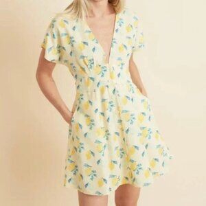 Marine Layer Dress Women Small Tie Waist Yellow Lemon Print Vacay Picnic Dress